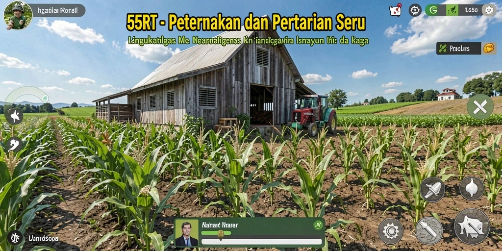 Screenshot utama 55RT menampilkan aktivitas bertani yang seru.