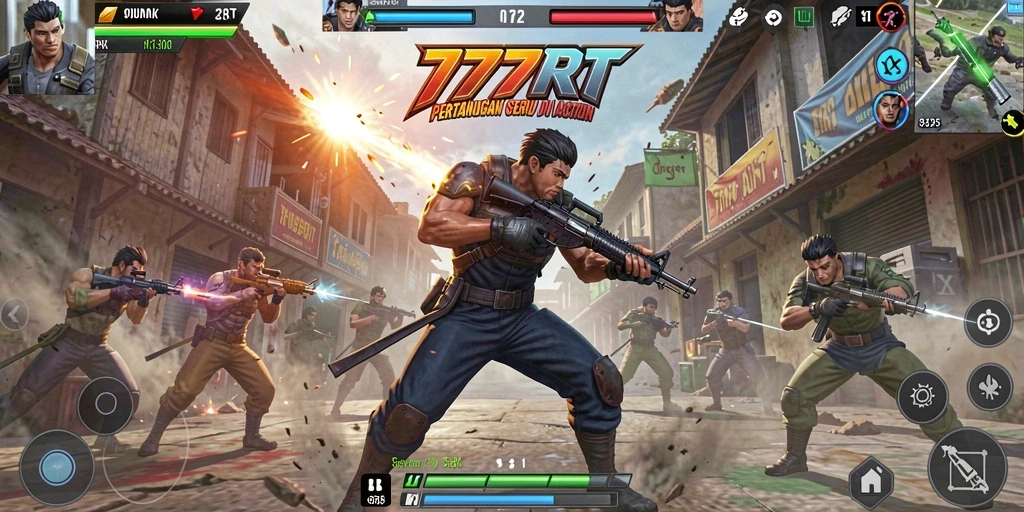 Screenshot gameplay 777RT dengan karakter bertarung dinamis.