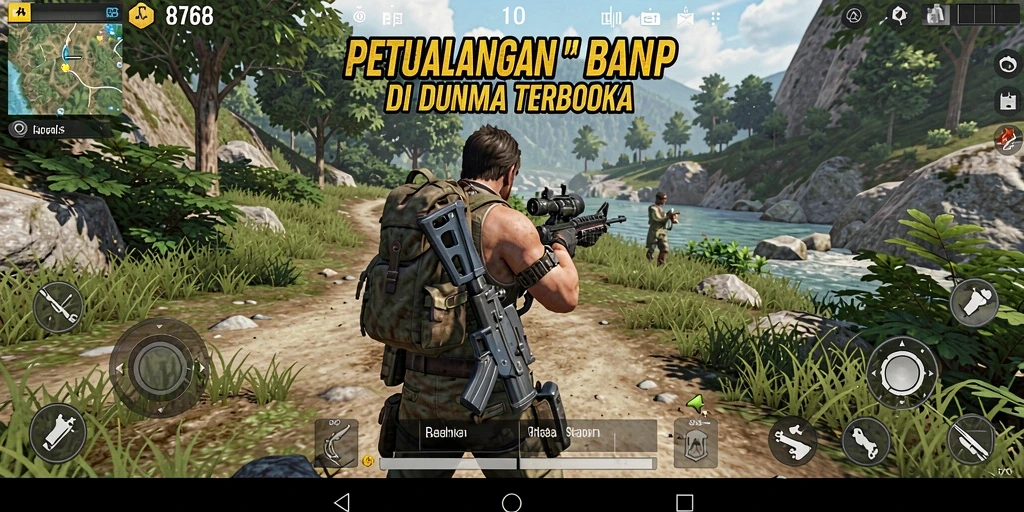 Screenshot karakter menjelajahi dunia terbuka yang luas dan indah.
