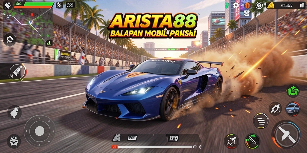 Tangkapan layar ARISTA88 menampilkan aksi balapan yang mendebarkan.