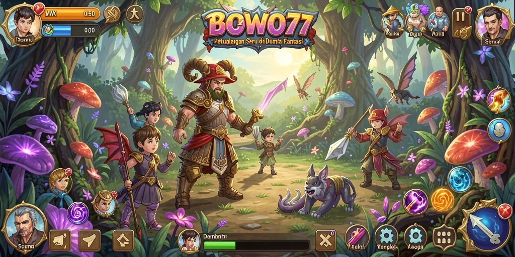 Screenshot gameplay BOWO77 menampilkan petualangan seru di dunia fantasi.