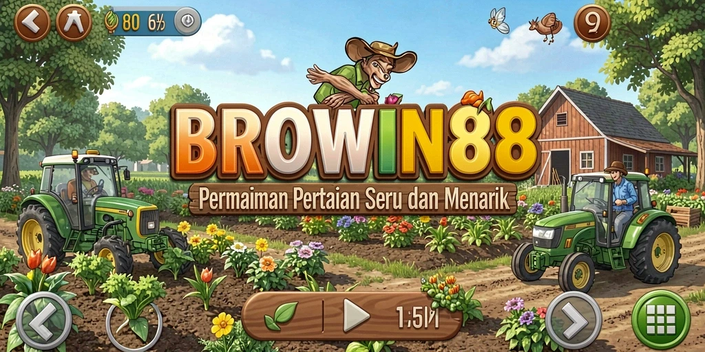 Tampilan gameplay seru di BROWIN88 dengan ladang subur dan hewan ternak.