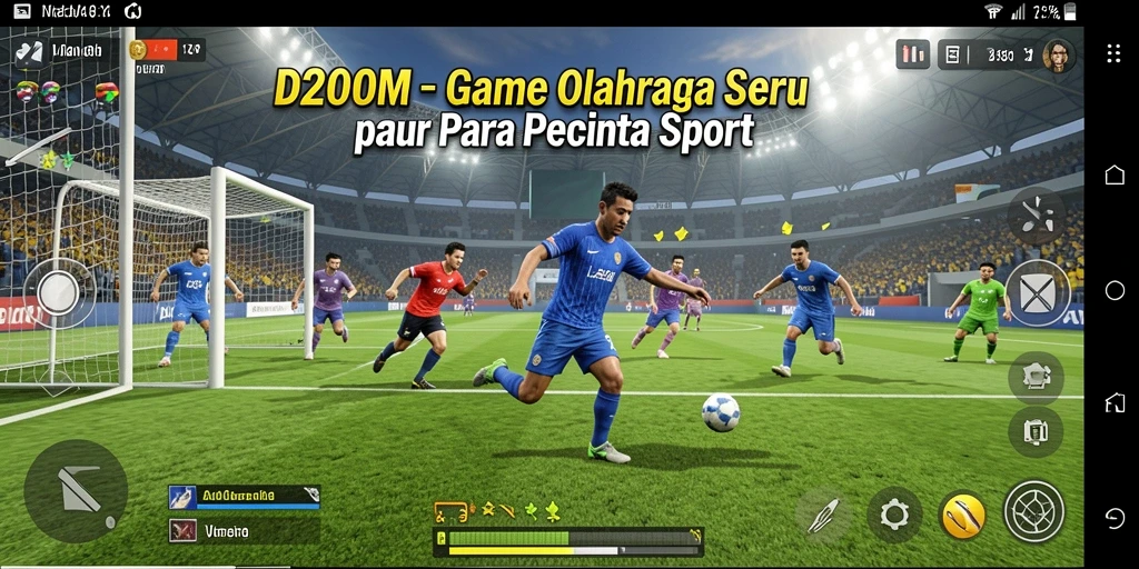 Screenshot utama D200M menampilkan aksi seru di lapangan olahraga.