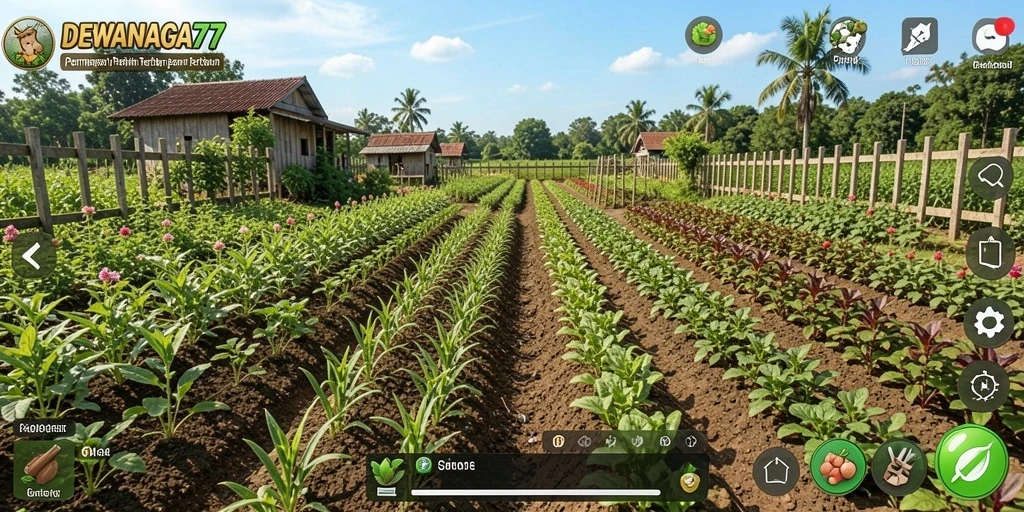 Screenshot gameplay DEWANAGA77 menampilkan suasana ladang yang indah dan tanaman subur.