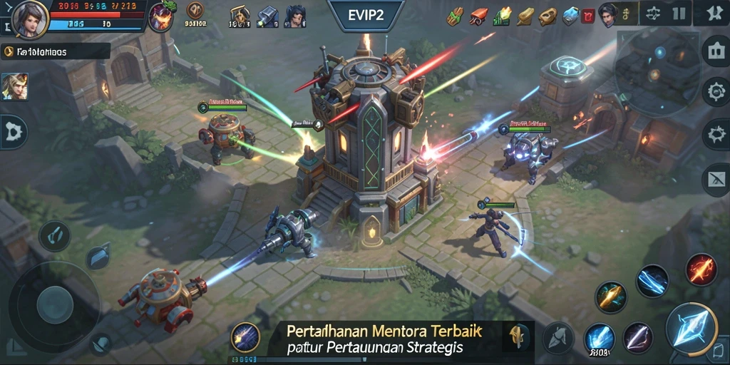 Tangkapan layar gameplay EVIP2 menampilkan serangan menara yang strategis.