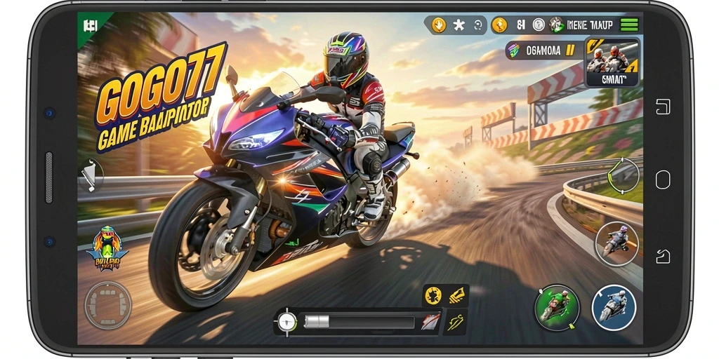 Screenshot gameplay GOGO77 menampilkan aksi balapan motor yang seru.