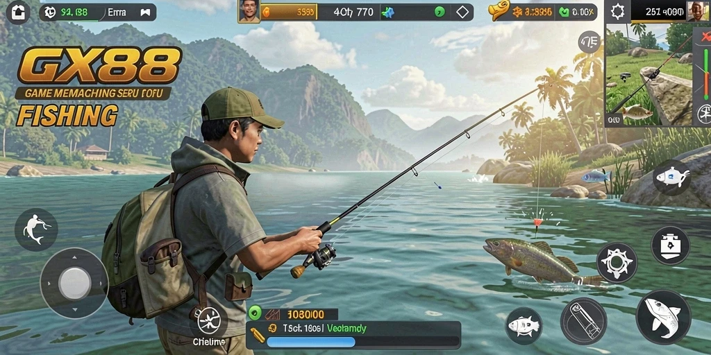 Tangkapan ikan besar dalam GX88 selama gameplay memancing.