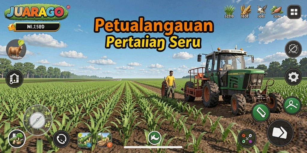 Tangkapan layar JUARAGO menampilkan aktivitas bertani yang seru dan interaktif.