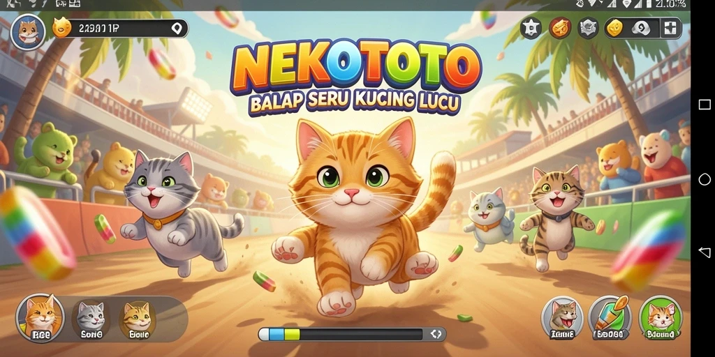 Tampilan gameplay menarik dengan kucing balap.