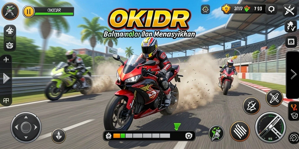 Screenshot utama OKIDR dengan gameplay balapan motor yang seru.
