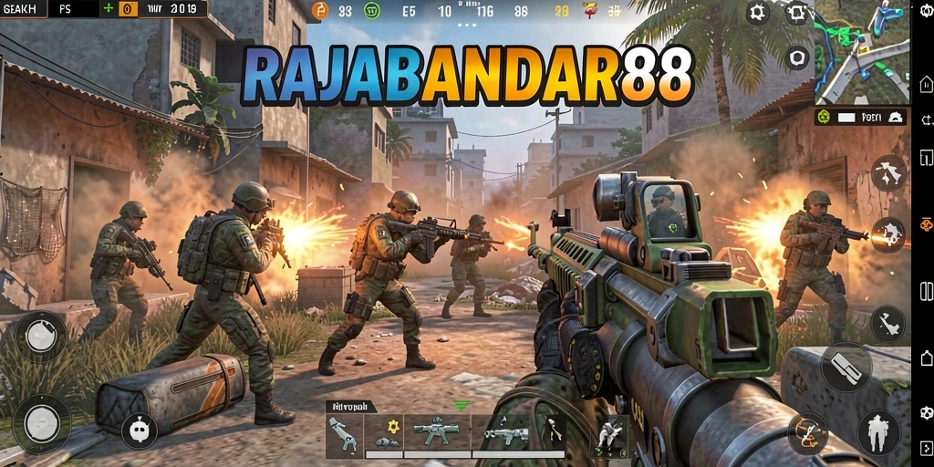 Screenshot gameplay intens RAJABANDAR88 menampilkan aksi seru FPS.