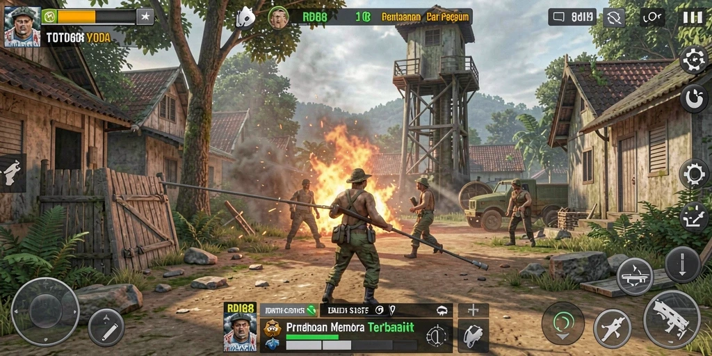 Screenshot gameplay RDI88 menampilkan pertahanan menara yang kuat melawan serangan musuh.