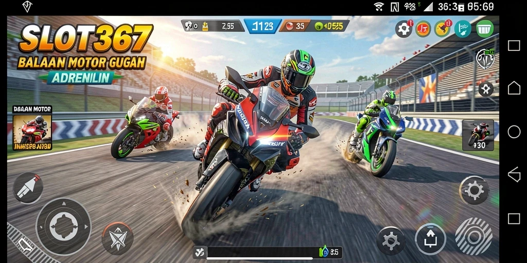 Tangkapan layar utama SLOT367 menampilkan aksi balapan motor yang penuh semangat.