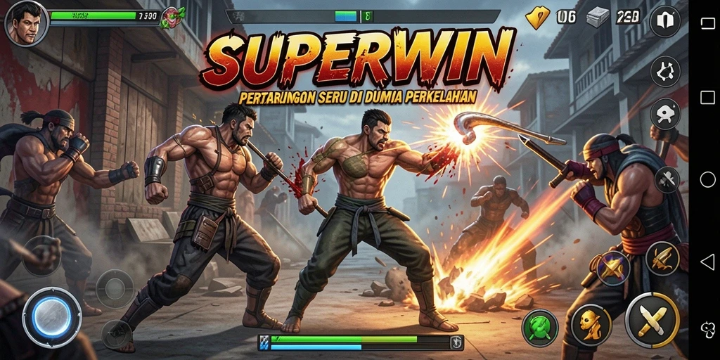 Tampilan gameplay <strong>SUPERWIN</strong> dengan aksi pertarungan seru dan karakter unik.